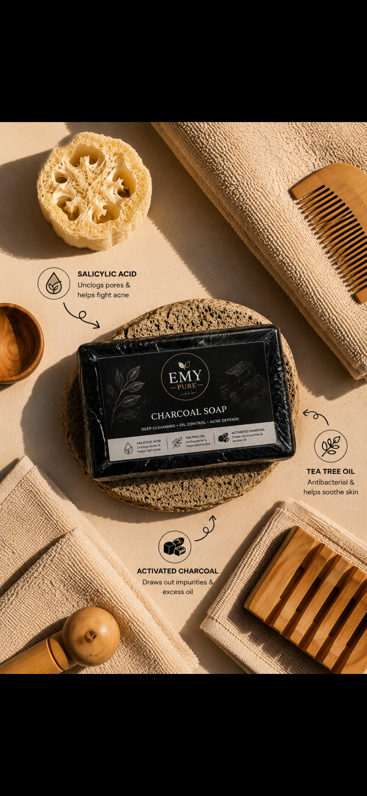 Charcoal soap( Activated Charcoal + Tea Tree Oil + Salicylic Acid)